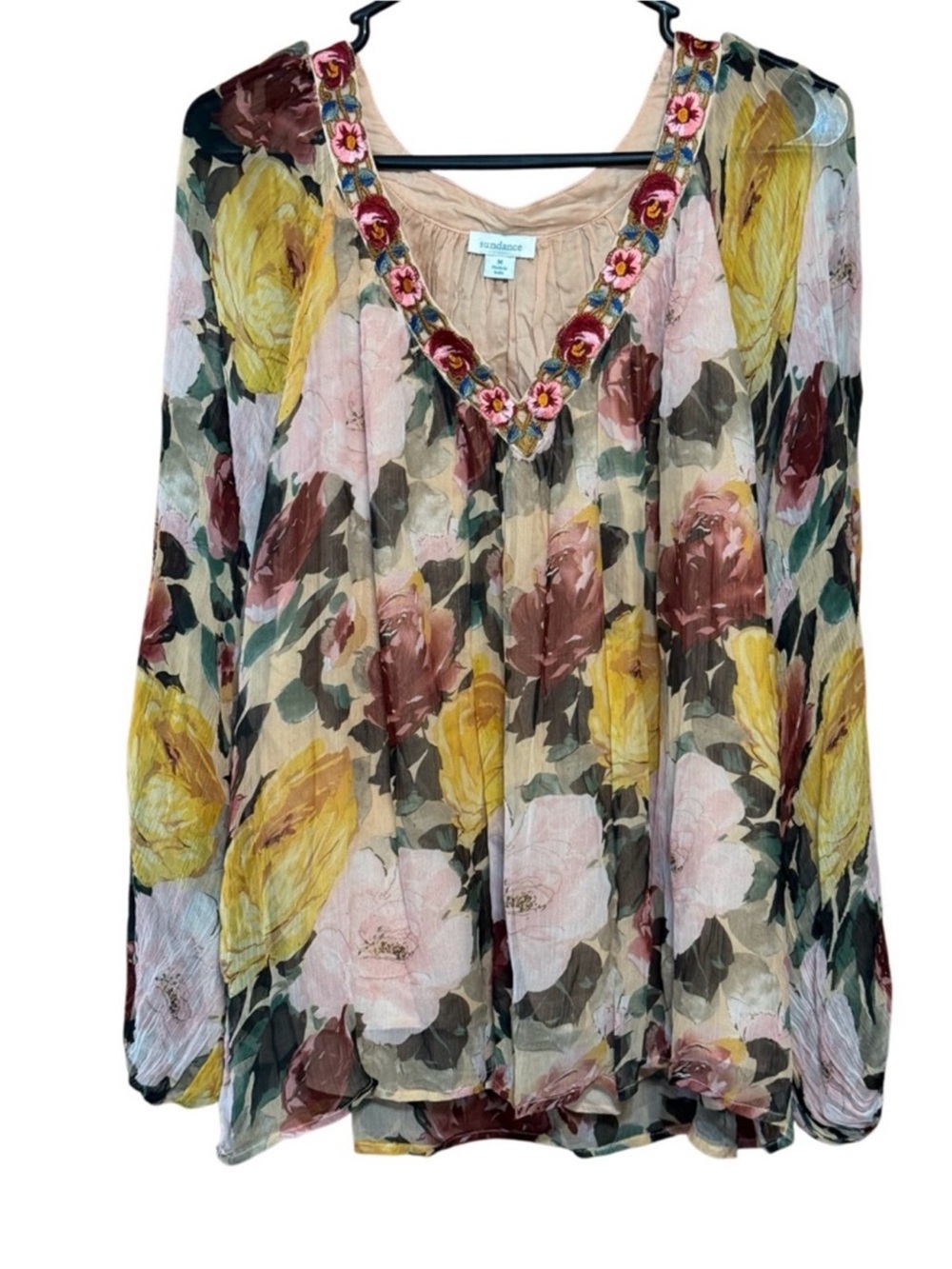 Sundance Cupro Floral Embroidered Boho Blouse Lined Sheer Sleeve Medium - Picture 2 of 5